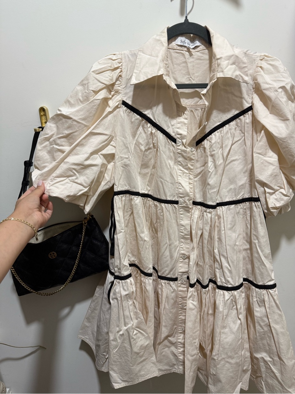 Soft & Co. Cream Tiered Button-Front Dress with Black Trim